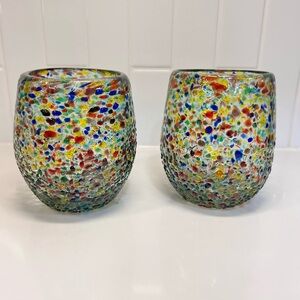 Mexican Hand Blown Confetti Wine Glass Stemless Tumbler Set of 2 Glasses